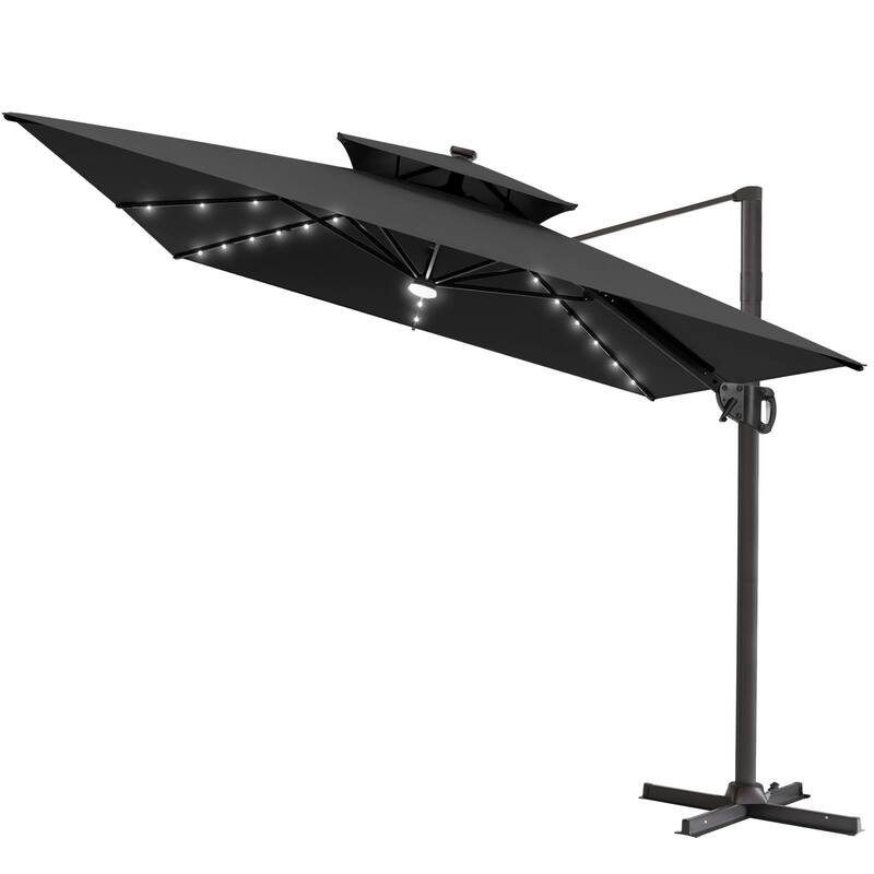 9 X 11 FT Outdoor Patio Cantilever Umbrella with Solar Lights Double Canopy 360 Rotation Tilt