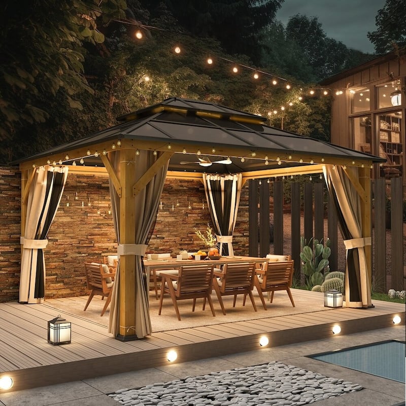 Erommy Hardtop Wood Gazebo with Double Roof – Free Dust Cover with 12x16 or 12x20 Model – Waterproof Outdoor Gazebo - 12'x14' - Wood Frame