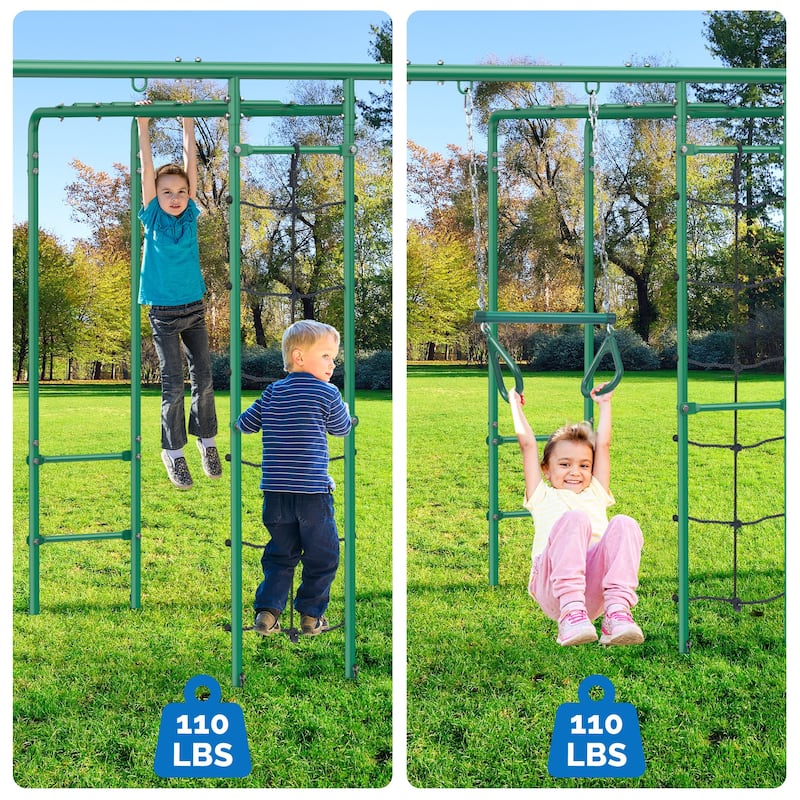 5 IN 1 Metal Swing Sets for Backyard with 2 Swings, Climbing Net, Trapeze Bar