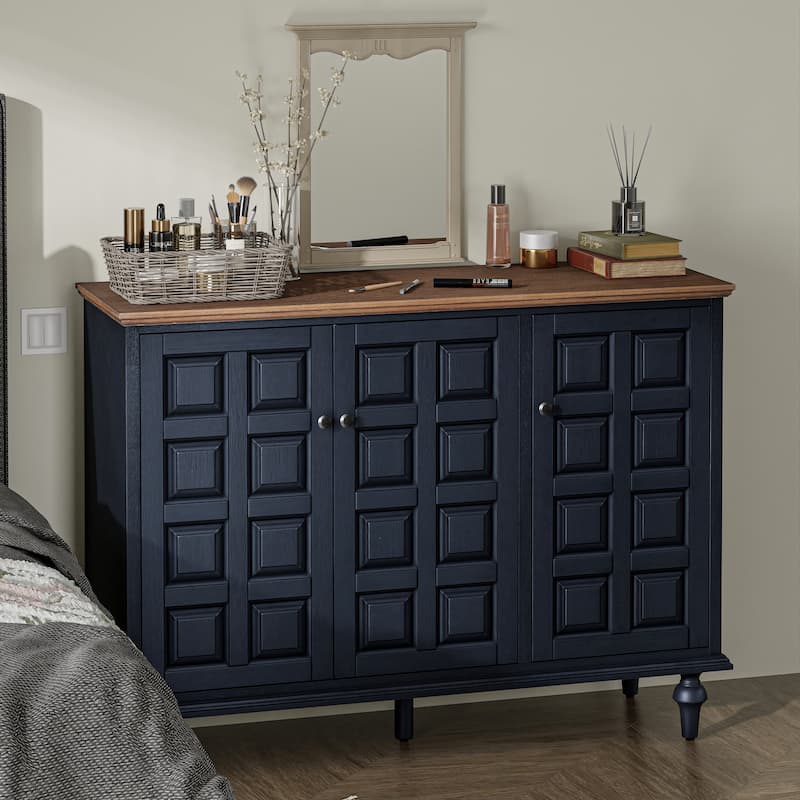 COZAYH Vintage Storage Cabinet With Plaid Pattern Front, Rustic Sideboards With Push-to-open Doors For Bedroom, Living Room