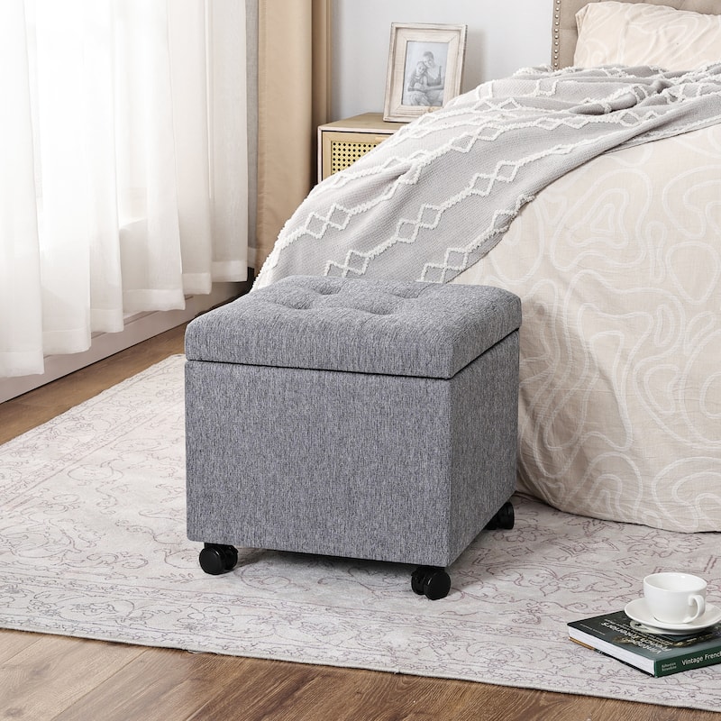 Adeco Bonded Leather Storage Ottoman Square Tufted Cube Footstool