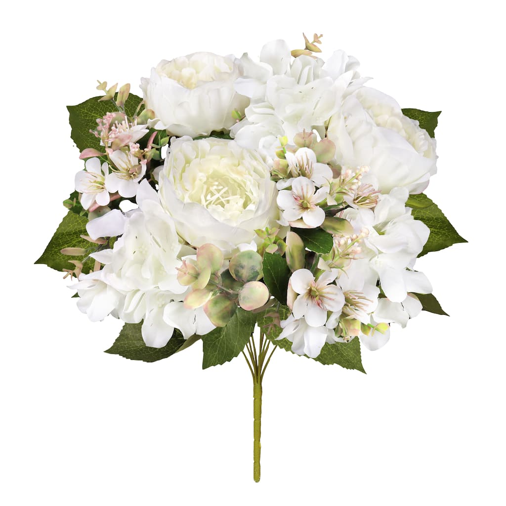 Set of 2 Cream White Artificial Mixed Peony Hydrangea Blossom Flower Stem Bush Bouquet 17in - 17" L x 11" W x 11" DP