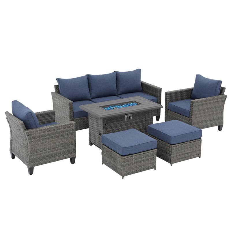 Outdoor 6 Pieces Wicker Sectional Sofa Set with Fire Pit Table