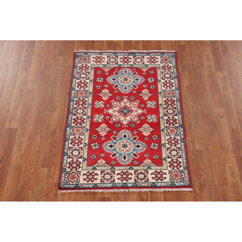 Red Kazak Oriental Accent Rug Handmade Geometric Foyer Wool Carpet - 2'10" x 3'11"
