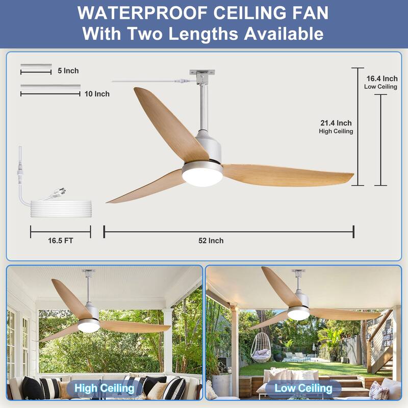 Outdoor Ceiling Fan with Light: 42-52 Inch Hanging - Plug in Waterproof Fans for Patio - Dimmable Remote App Control Black