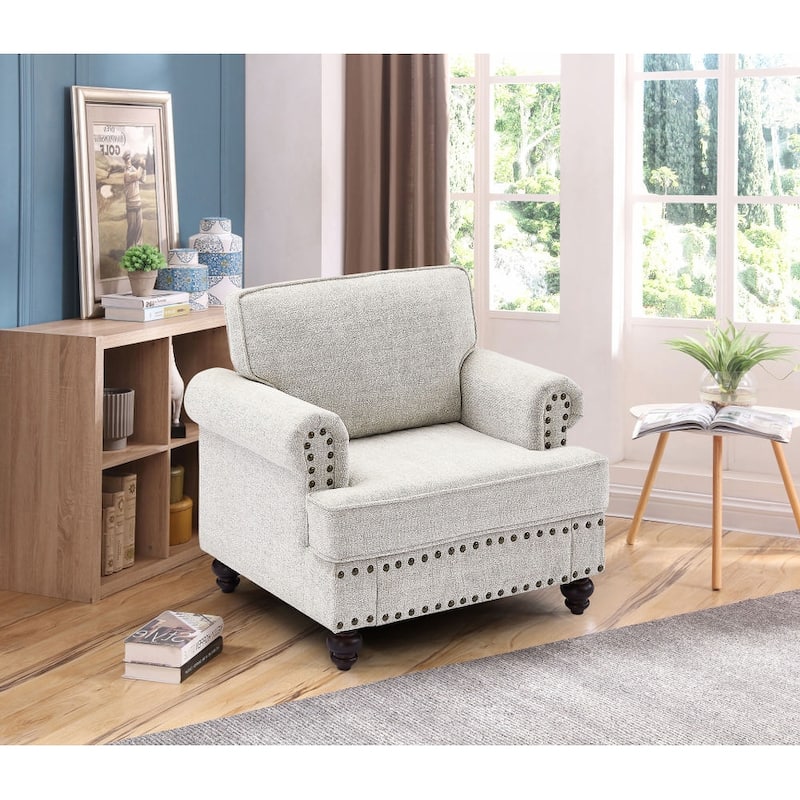 37.2" Chenille Accent Chair with Wood Legs - White