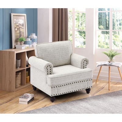 White Modern 37.2" Chenille Upholstered Accent Chair with Wood Legs and Nailheads for Living Room