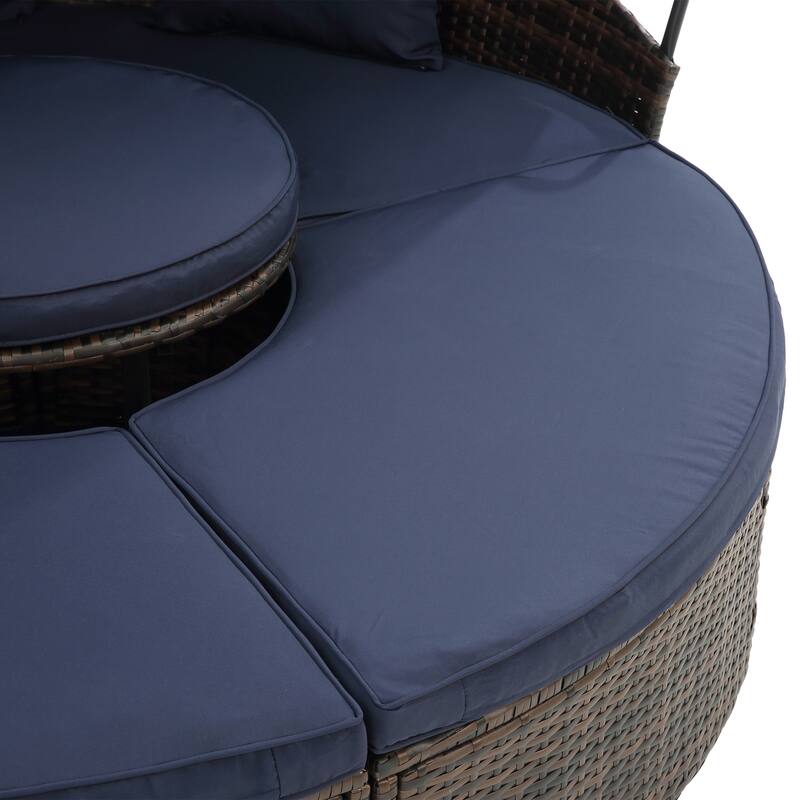 Round Outdoor Rattan Daybed with Adjustable Canopy, with Navy Cushions and Lift Coffee Table