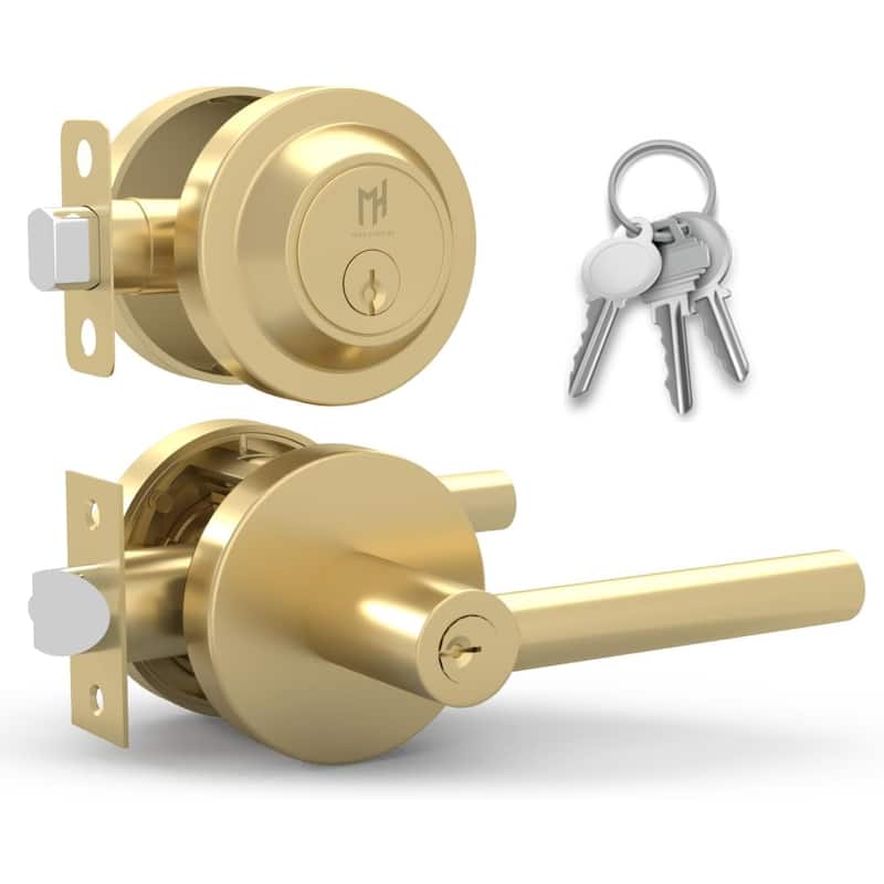 Mega Handles RONN Modern Door Handle with Deadbolt – Front Door Keyed Flat Entry Lever & Round Single Cylinder Lock Set - Satin Brass