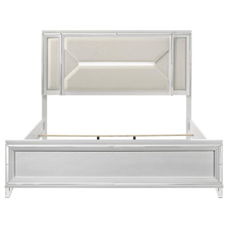 Mory King Size Bed, Textured, LED Headboard, Ivory Boucle Upholstery