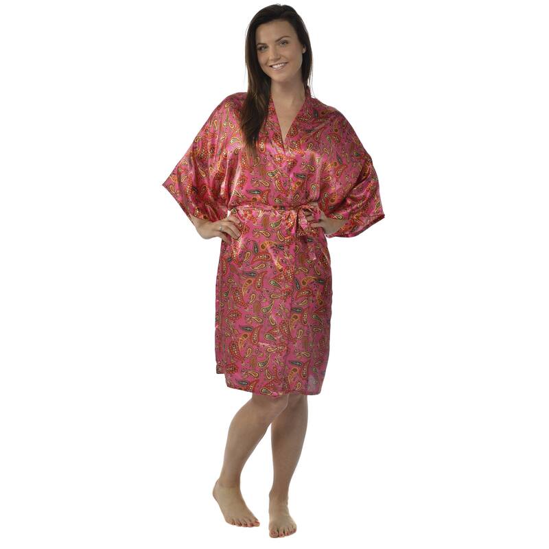 Leisureland Women's Paisley 42-inch Satin Charmeuse Kimono - Fuchsia