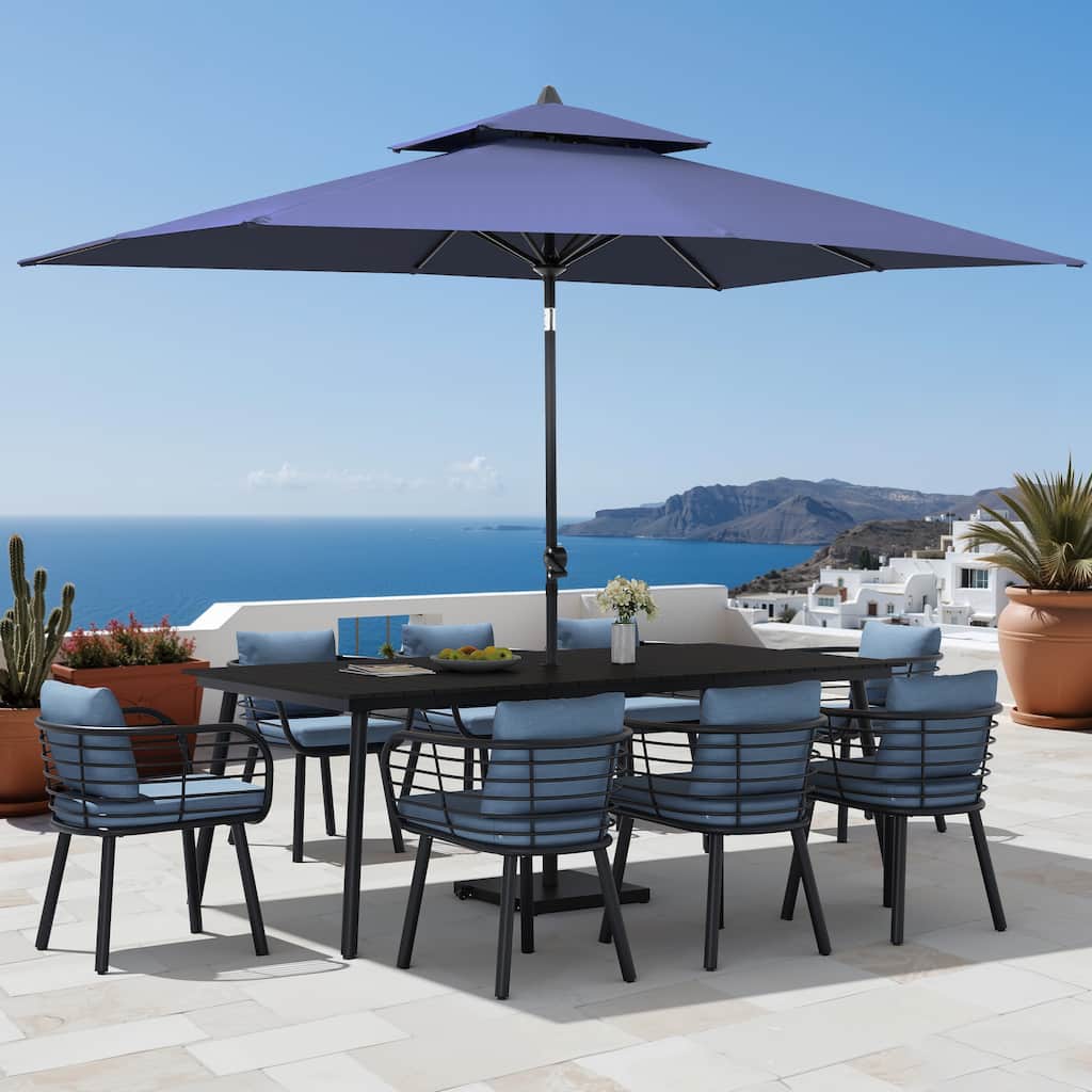 11PC Outdoor Patio Dining Set Aluminum Table with Sunbrella Cushion Chairs w/ Premium Market Umbrella Sets