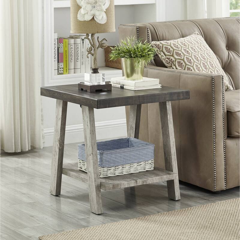 Contemporary Two-Tone Wood Shelf End Table in Weathered for Living Room - Weathered Walnut+Gray