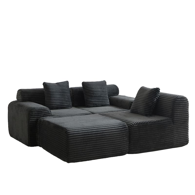 Inlaid Structural Sleeper Sectional Sofa Bed with Ottoman, Corduroy Modular Boneless Couch with Wider Armrests and Backrests