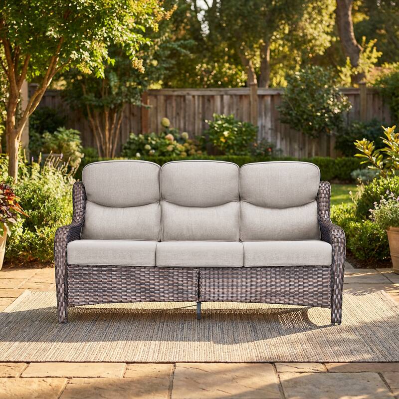 Pocassy Outdoor Wicker 3 Seat Sofa with 5 In Thick Cushion Patio Sofa - Brown Wicker Beige Cushion