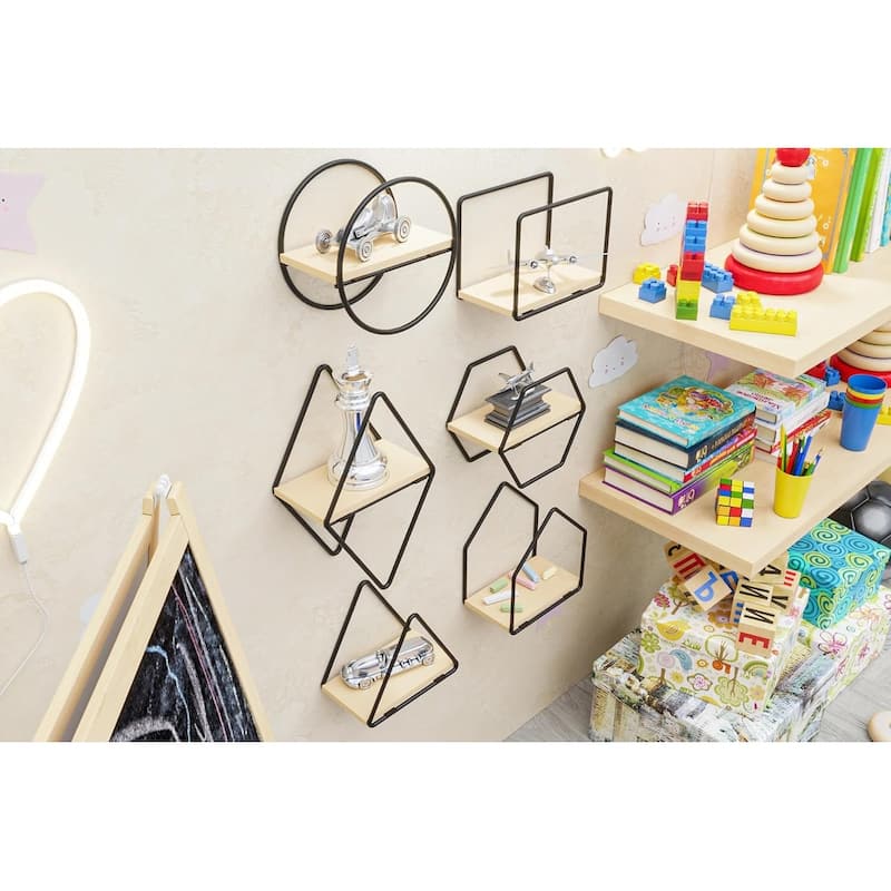 Set of 6 Geometric Wall Shelves - Floating Wooden Wall Decor