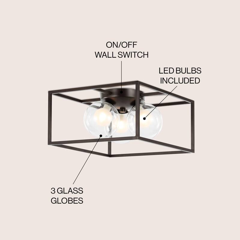 Payton 14" 3-Light Modern Farmhouse Metal/Iron Open-Caged LED Flush Mount, Oil Rubbed Bronze , by JONATHAN Y