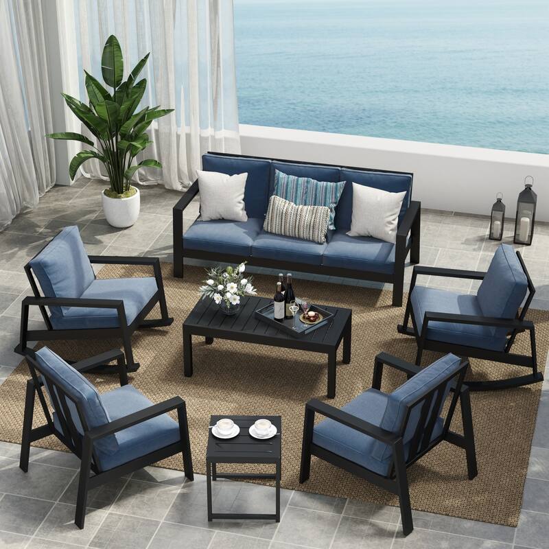 7-Piece Outdoor Sofa Seating Group With Rocking Chairs And Coffee Table - Blue