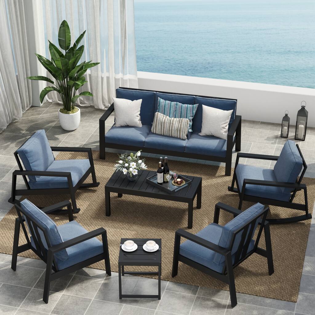 7-Piece Outdoor Sofa Seating Group With Rocking Chairs And Coffee Table