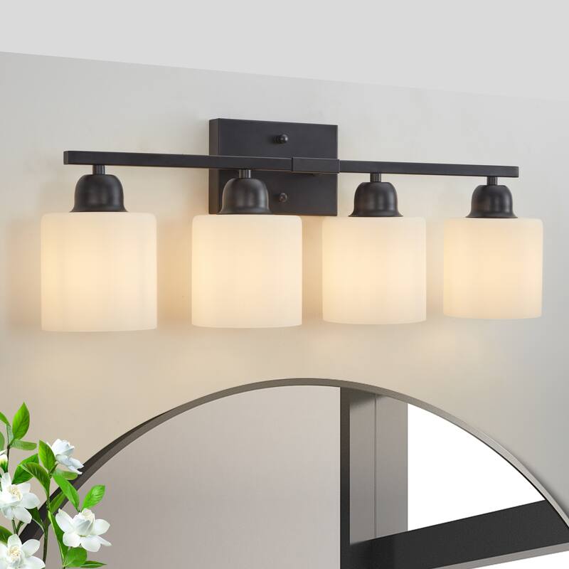 4-Light Black Bathroom Vanity - Milky Frosted Glass - E26 Socket - Black
