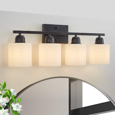 4-Light Black Bathroom Vanity - Milky Frosted Glass - E26 Socket