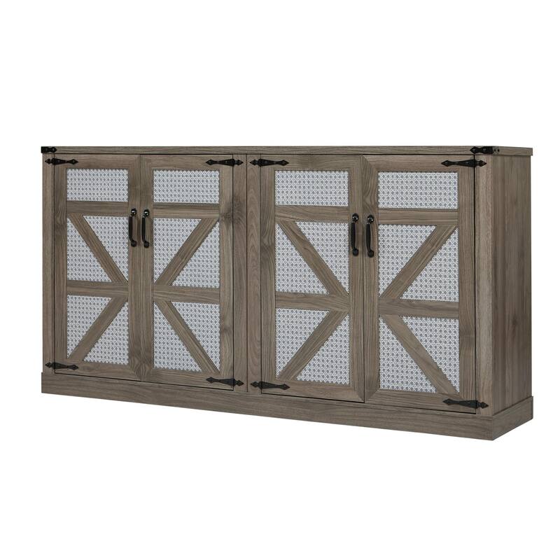 Faux Rattan Sideboard with Barn Door, Wooden Storage Cabinet with Metal Handles, Buffet Cabinet with Adjustable Shelves