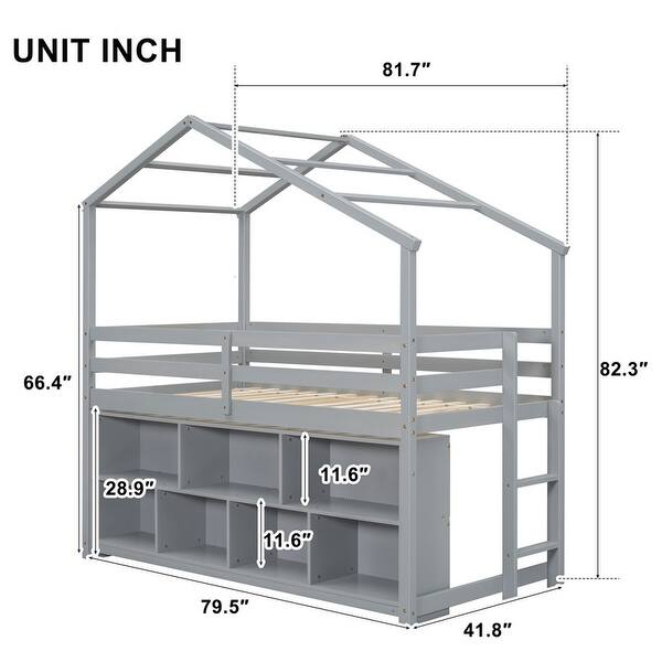 dimension image slide 0 of 2, Twin House Loft Bed with Roof Frame,Guardrails and Ladder