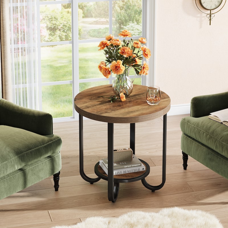 Industrial Wooden Metal Round End Side Couch Table for Living Room - Brown+Black