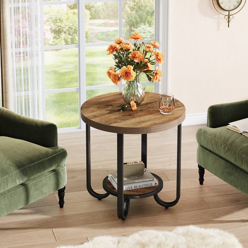 Round End Table with 2-Tier Storage Shelf