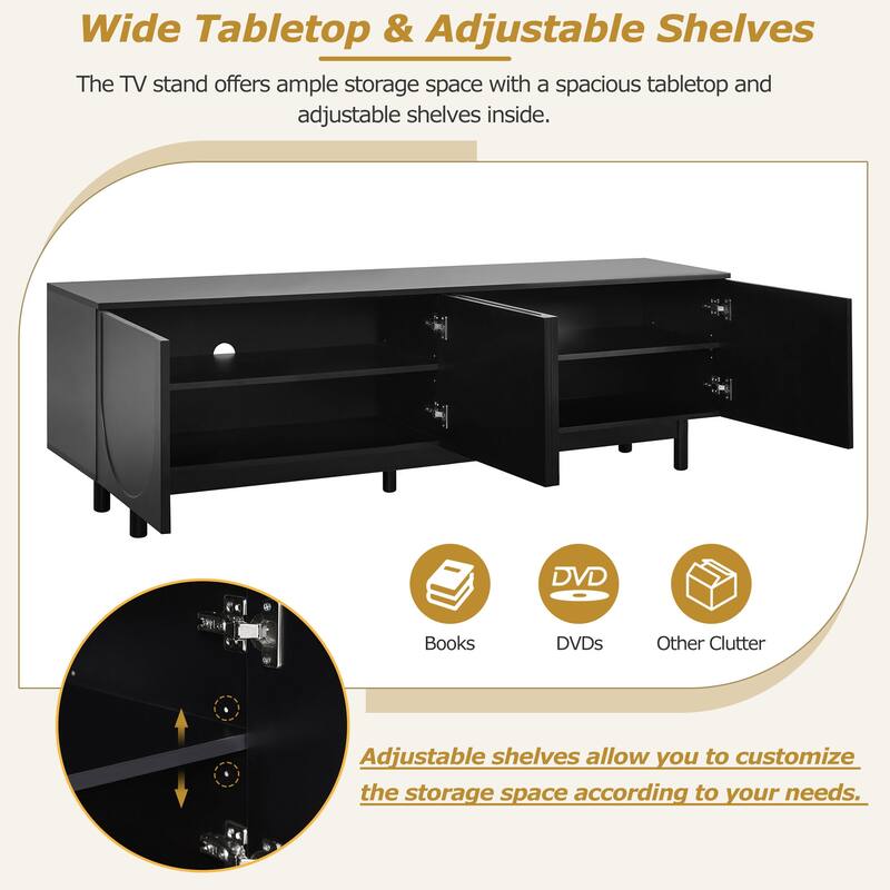 70'' Minimalist TV Stand with Arch Cabinet Doors & Solid Wood Legs, Adjustable Shelves & Cable Management
