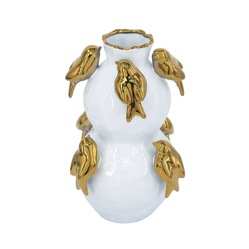 8.5x8.5x14" White Two-Tiered Ceramic Vase with Gold Bird Accents