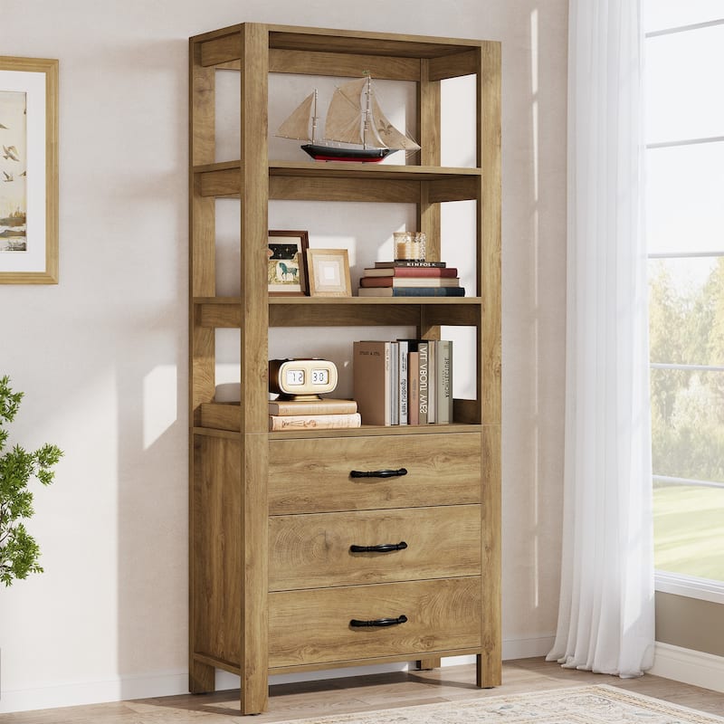 70.9" Tall Bookcase Bookshelf with 3 Drawers and 3-tier Open Shelf - 13.78" D x 31.5" W x 70.9" H - Natural Brown