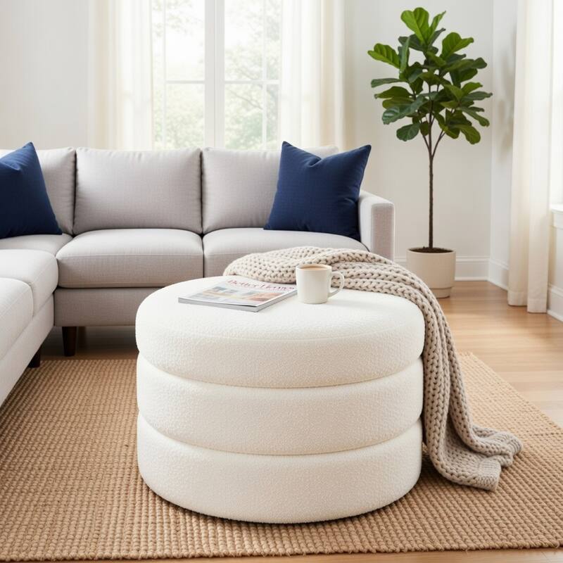 Sem Round Accent Ottoman, Cream White Chanel Stitched Boucle 18 Inch