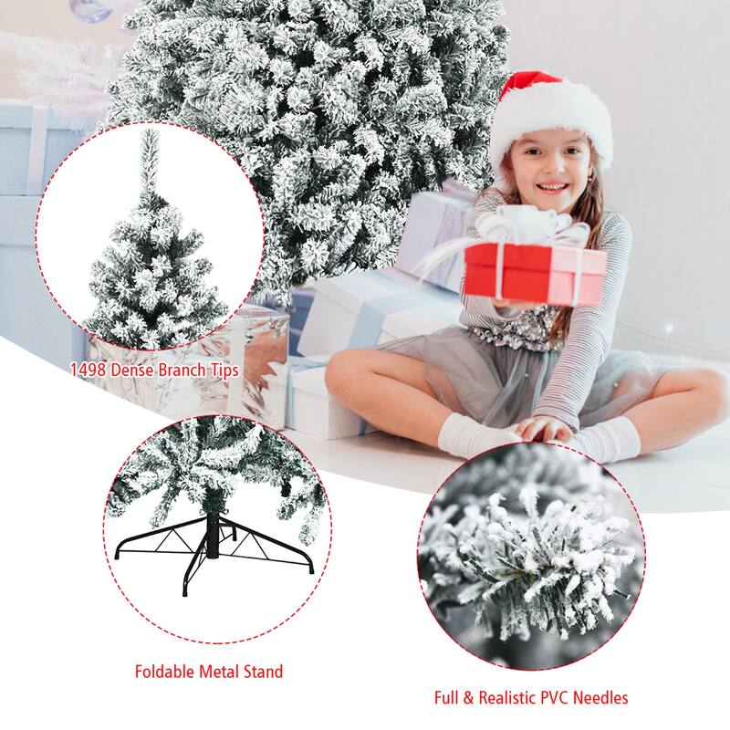 Gymax 6/7.5/9 FT Pre-Lit Christmas Tree Snow Flocked Hinged Pine Tree