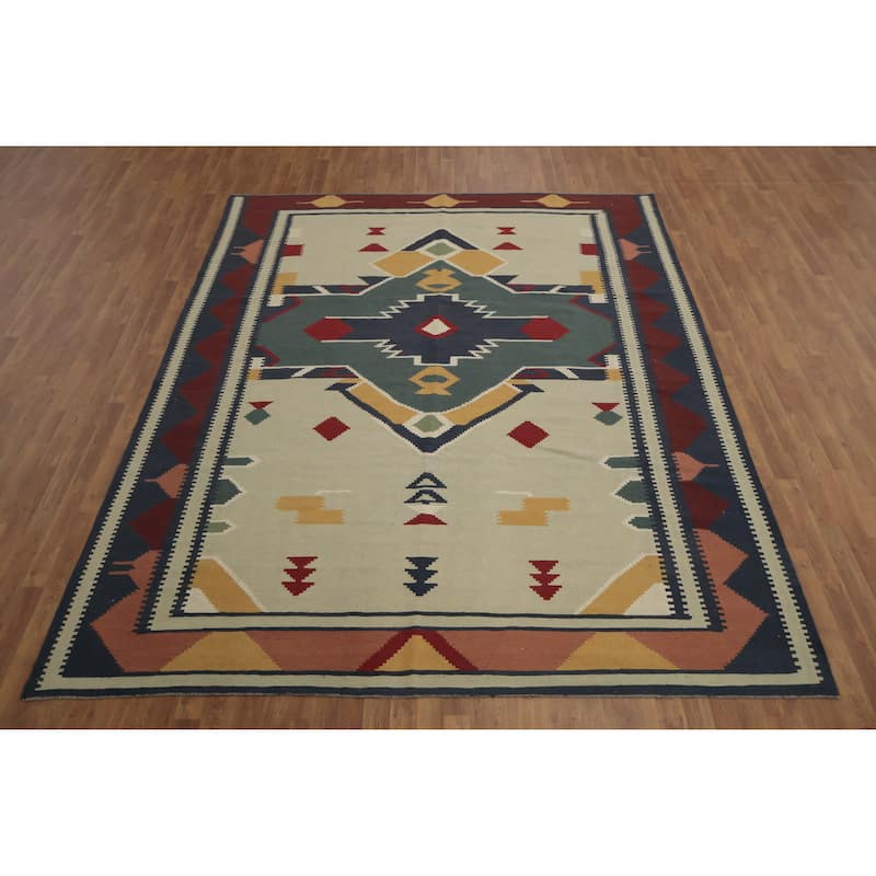 Hand Woven Oriental 100% Wool Carpet Southwestern Tribal Beige & Ivories Kilim Area Rug - 11' 3'' X 8' 8''