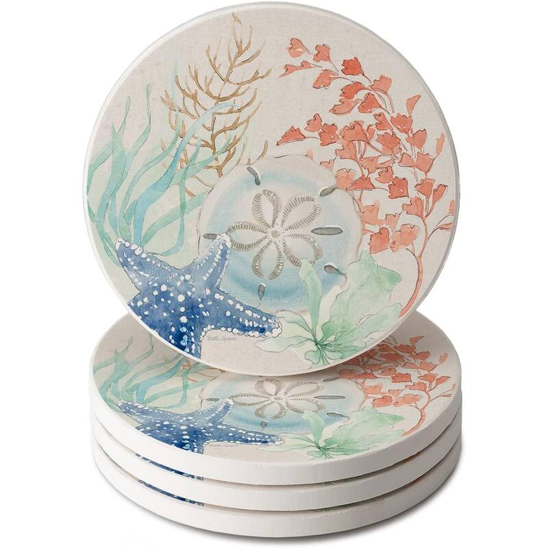 CounterArt Sea View Round Absorbent Stone Coaster 4 Pack with Protective Cork Backing. Manufactured in The USA - Multi