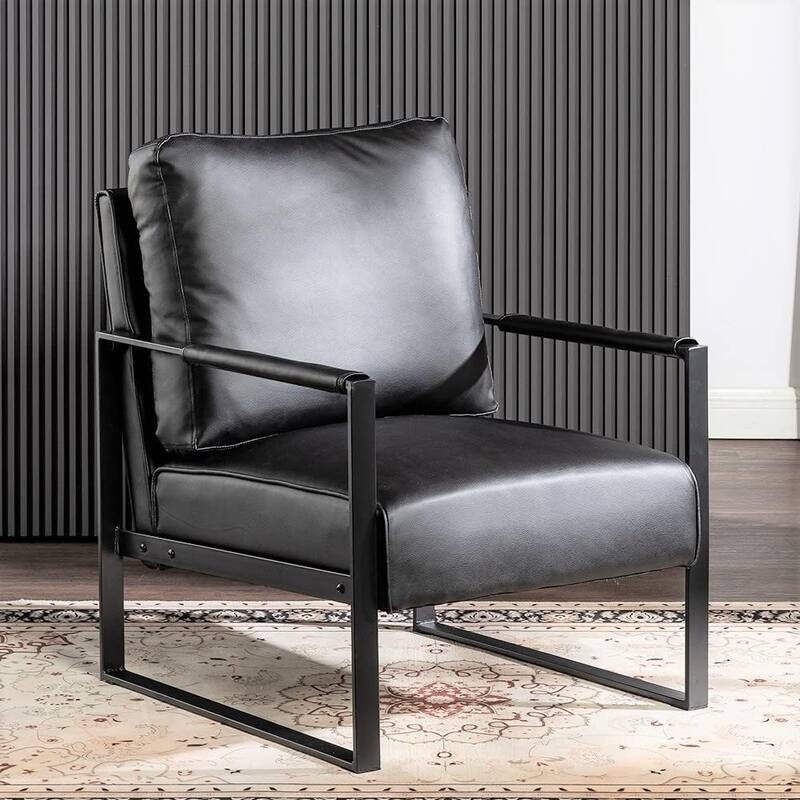 Hosam 25.4" PU/Microfiber Upholstery Metal Arms Chair - Black PU