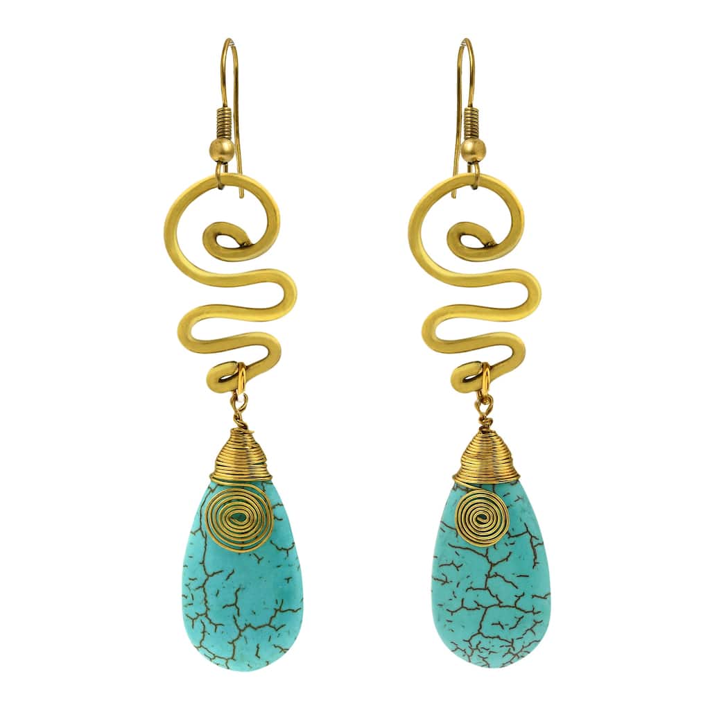 Handmade AeraVida Howlite Tear Drop Earrings with Swirling Brass Hook (Thailand)