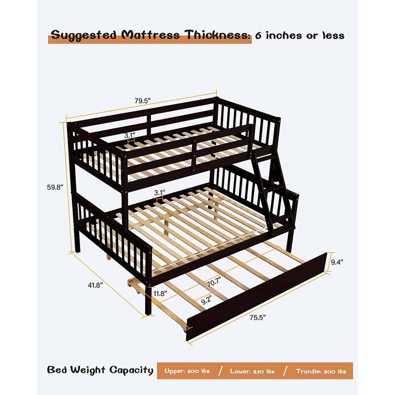 Twin Over Full Bunk Bed with Trundle, Ladder and Guard Rails