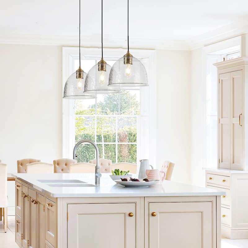 Coria 10 In Modern Farmhouse Dome Glass Pendant Lights with Bowl Hammered Art Shade - Brass/Clear - D10.6'' x H 10''