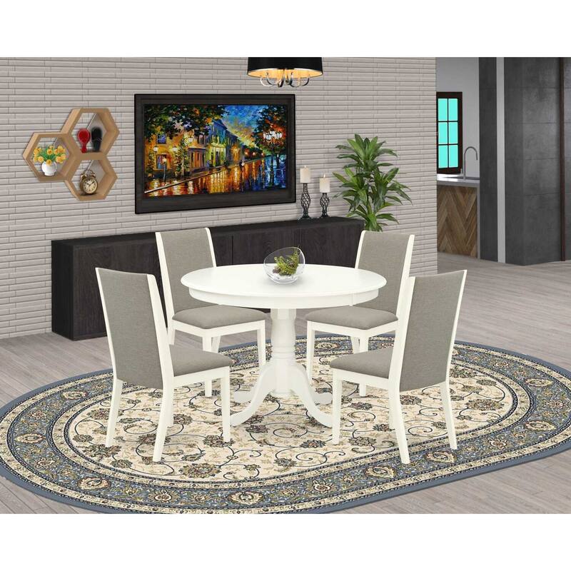 HomeStock 5-Piece Round Linen White Finish Solid Wood Top Dining Table with 4 Parson Chair with Lattice Back