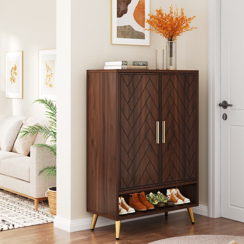 Walnut Shoe Cabinet, 6-Tier Wooden Shoe Organizer with Stable Leg