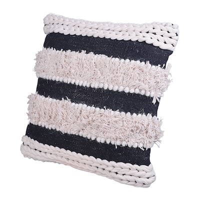 Adiv 18 x 18 Handcrafted Shaggy Cotton Accent Throw Pillows, Handknit Yarn, Set of 2, White, Black