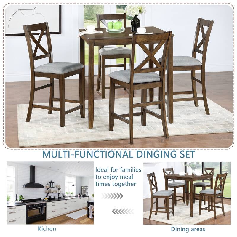 5 Piece Dining Table Set, Wooden Counter Height Kitchen Table Set with 1 Square Table and 4 Upholstered Chairs