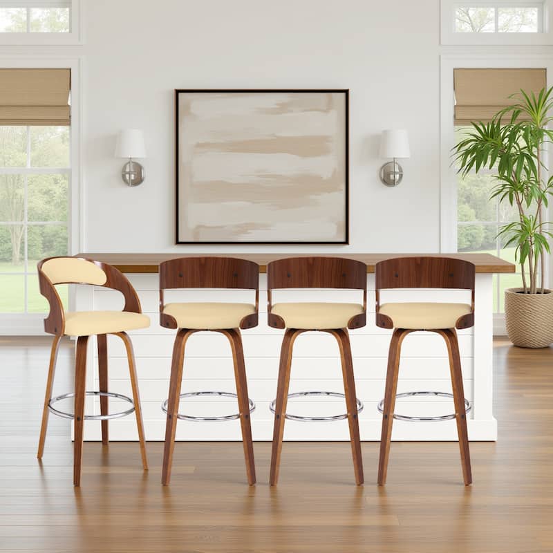 Shelly Mid-Century Swivel Bar Stool, Upholstered Counter Height Chair with Bentwood Legs - Cream & Walnut - Bar Height - Set of 4