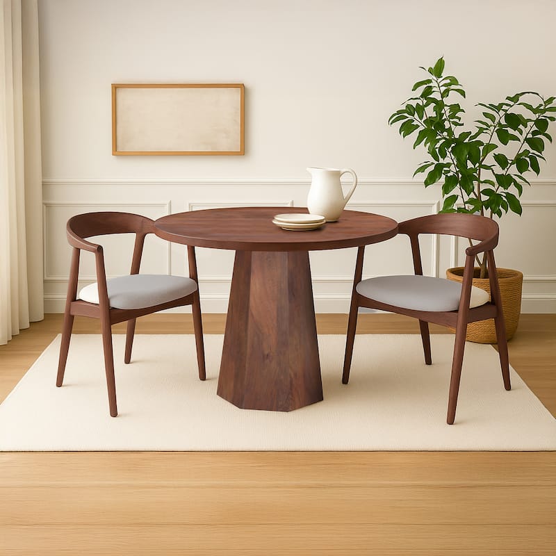 Koi Dining Table 42" Round Top Handmade Ambre Brown Mango Wood Octagonal Pedestal Base