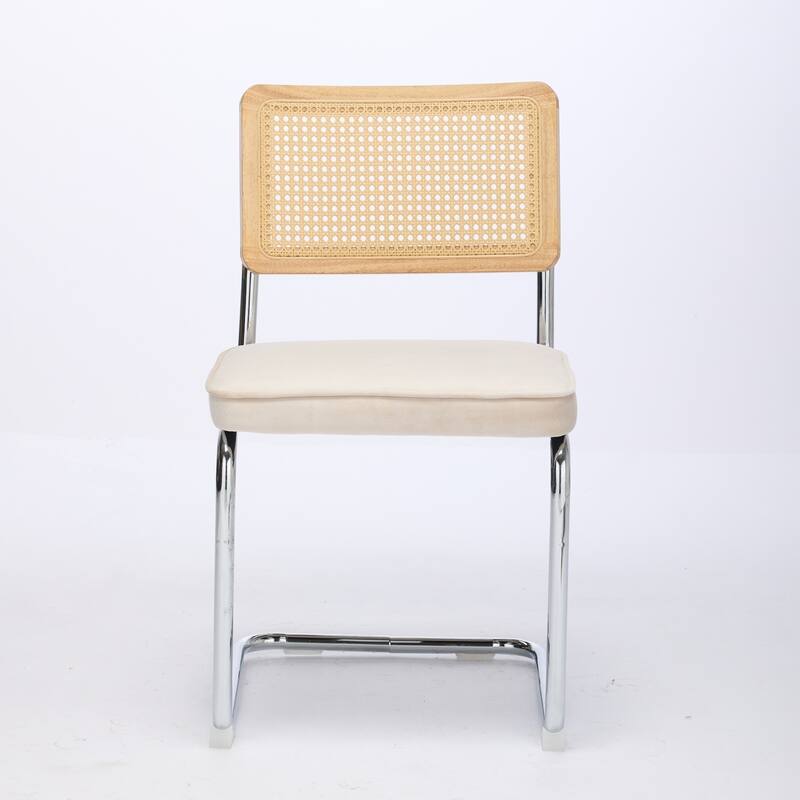 Mid-Century Modern Dining Chairs with Rattan Back and Stainless Chrome Base - Set of 2