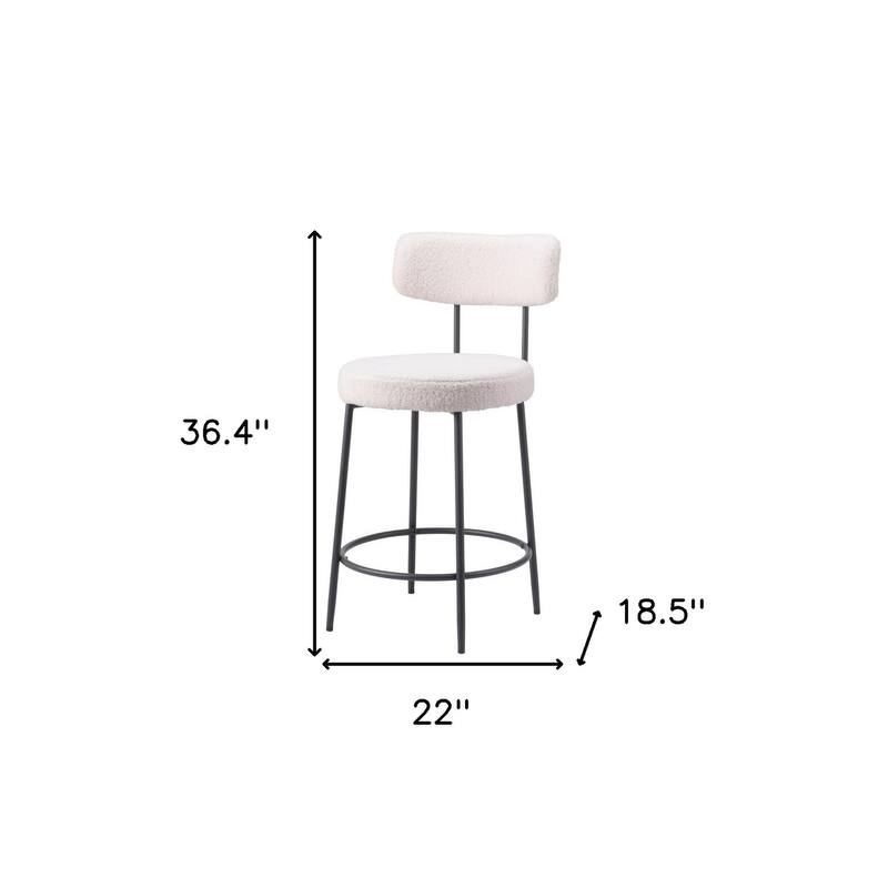 Set of Two 25" Ivory and Black Shearling and Steel Low Back Counter Height Bar Chairs