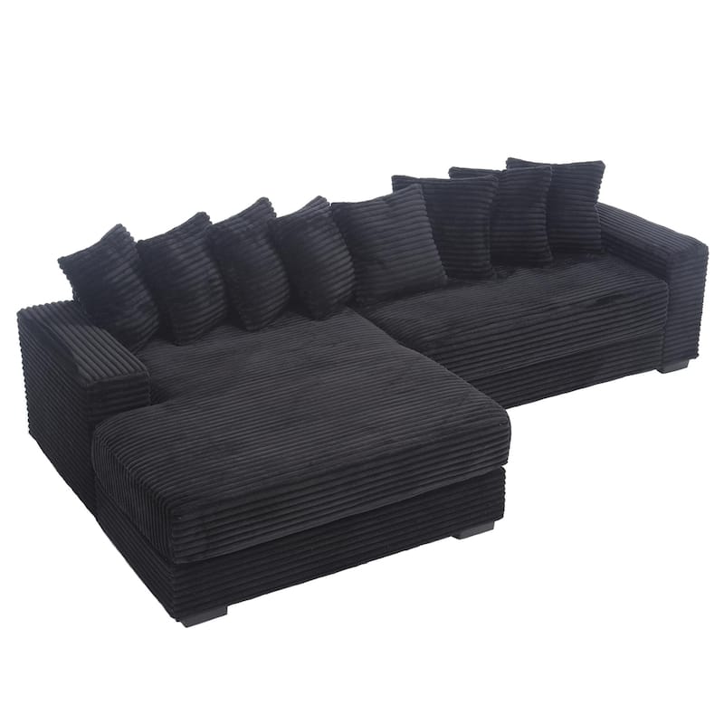 Black 111" Corduroy L-Shaped Sectional Sofa with Oversized Left Chaise