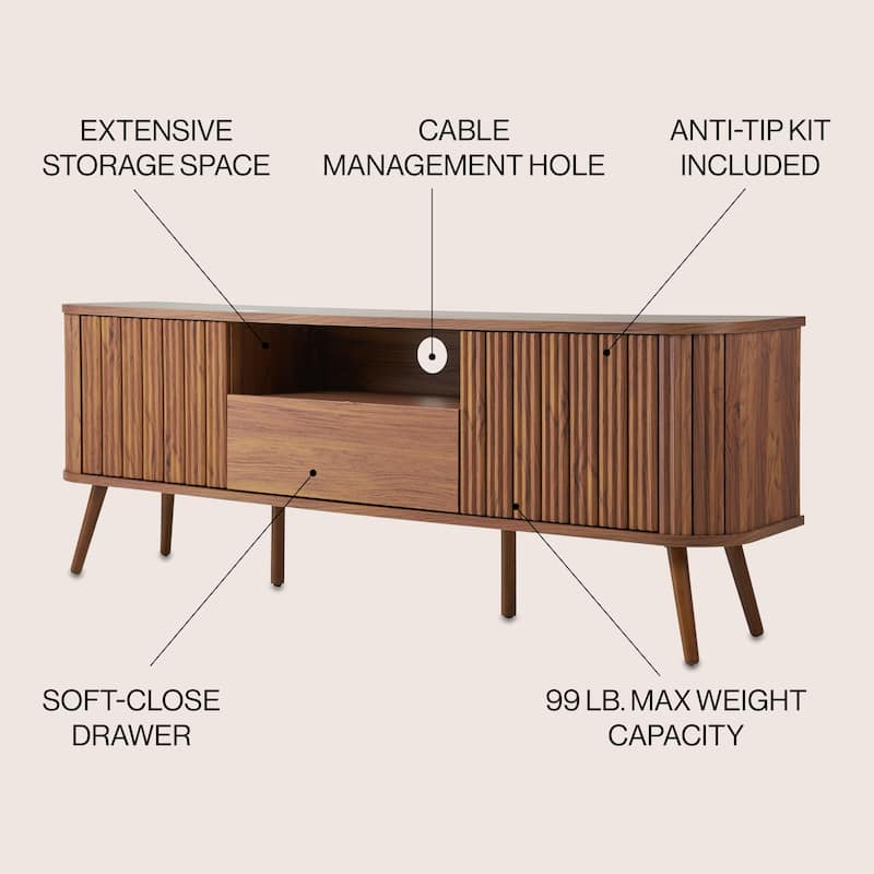 Finley 70 in. Farmhouse Curved TV Stand with Drawer and Storage Doors Fits TVs up to 75 in. with Cable Management, by JONATHAN Y
